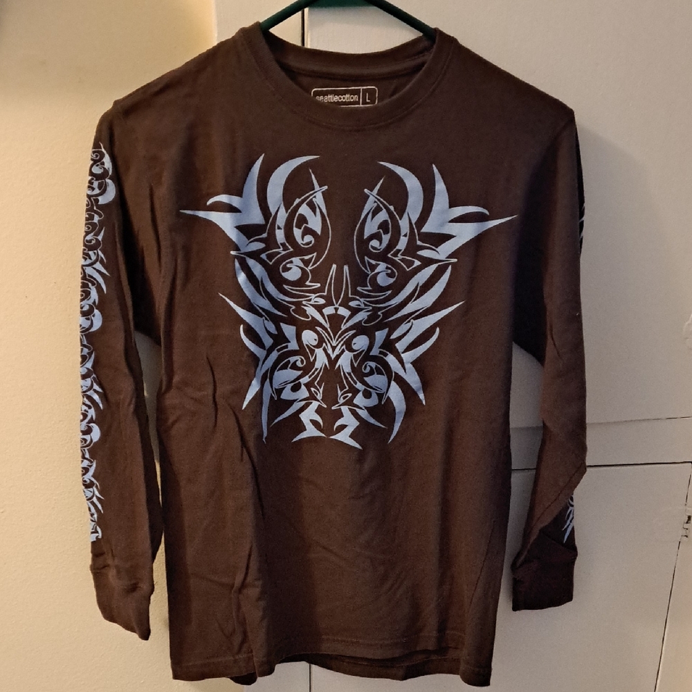 Seattle Cotton Boy's Size (L)  Brown Long Sleeve Shirt with Blue Tribal Design
